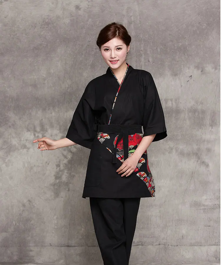 Унисекс японский стиль Корея средний рукав шеф-повар униформа с топом работа официанта одежда повар ресторана для девочек, костюм с футболкой с цветочным принтом A12 - Цвет: women top with apron