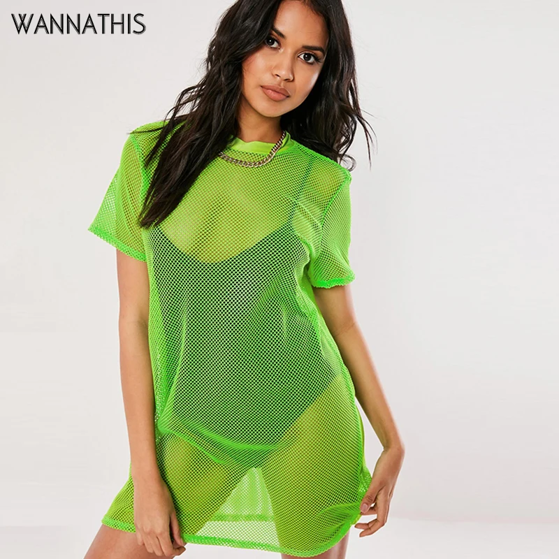 

WannaThis Mesh Short Sleeve Dress Sexy See Through Loose Casual T-Shirt Dresses Solid Women Summer Fashion Short Mini Vestidos