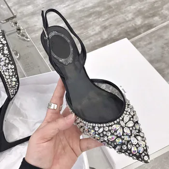 

Hollowing Sandals Women Sexy Pointed Toe High Heels Pearl Summer Shoes Woman Bling Rhinestone Ladies Shoes Sandalias Mujer 2019