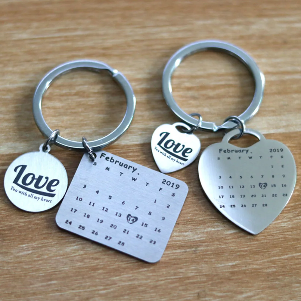 

2019 Hot Personalized Calendar Keychain Hand Carved Calendar Highlighted with Heart Date Keyring Stainless Steel KeyChain Gifts