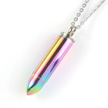 

KFT Popular Colorful Rainbow Bullet Shape Pendant Stainless Steel Perfume Bottle Pendant Diffuser Necklace Women Men Jewelry