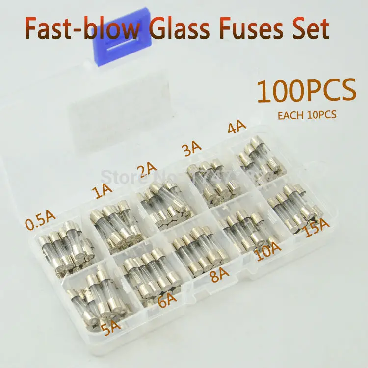 100PCS 5*20mm Fast-blow Glass Fuse Quick Below Car Glass Tube Fuse Assorted Kit Amp. 0.5A 1A 2A 3A 4A 5A 6A 8A 10A 15A Free Ship