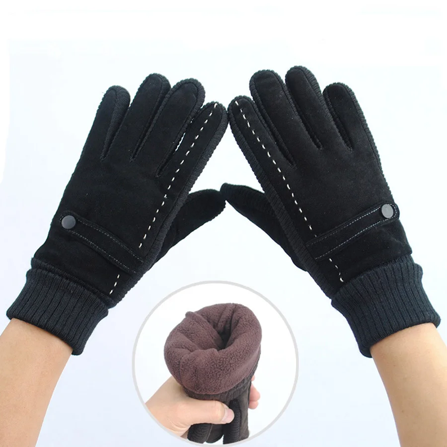 Fashion warm 2014 winter men leather gloves wrist black solid color thicken knitted pigskin Genuine leather winter gloves S126