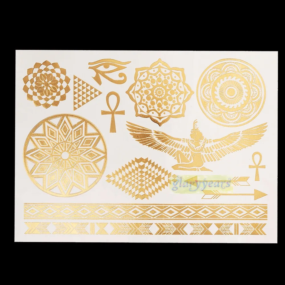 1 шт. вспыш металлик Водонепроницаемый татуировки цвета: золотистый, серебристый Для женщин Henna YS-48 цветок браслет крыло угол Временные