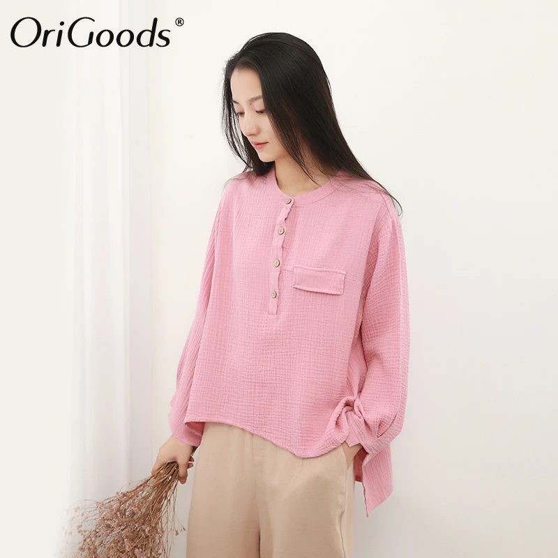 

OriGoods Women Long sleeve Blouse 2019 Summer New Shirt Blouse Cotton Vintage Loose Blouse Original Design Cute Tops Blusas H014