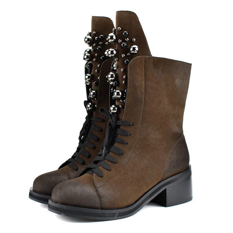 MORAZORA/ г., ботильоны для женщин наивысшего качества с круглым носком на шнуровке, осенне-зимние ботинки модные женские туфли в стиле панк с заклепками, черного цвета