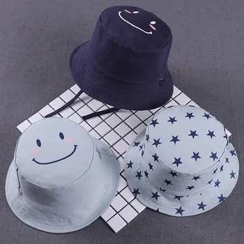 

New 1PCS Cotton Kids Caps Double-sided Fisherman Hat Smile Star Design Baby Bucket Hat Spring Summer Baby Boys Girls Sunhat 1-3Y