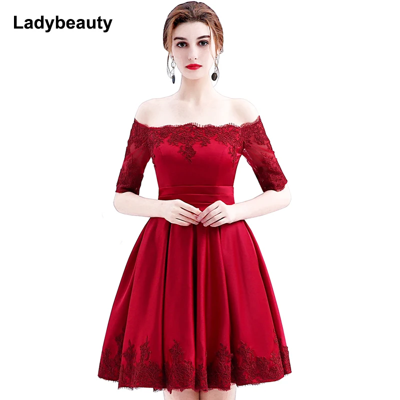 

Ladybeauty 2017 Wine Red Lace Embroidery Luxury Satin Half Sleeved short Evening Dress Elegant Banquet Prom Dress Robe De Soiree