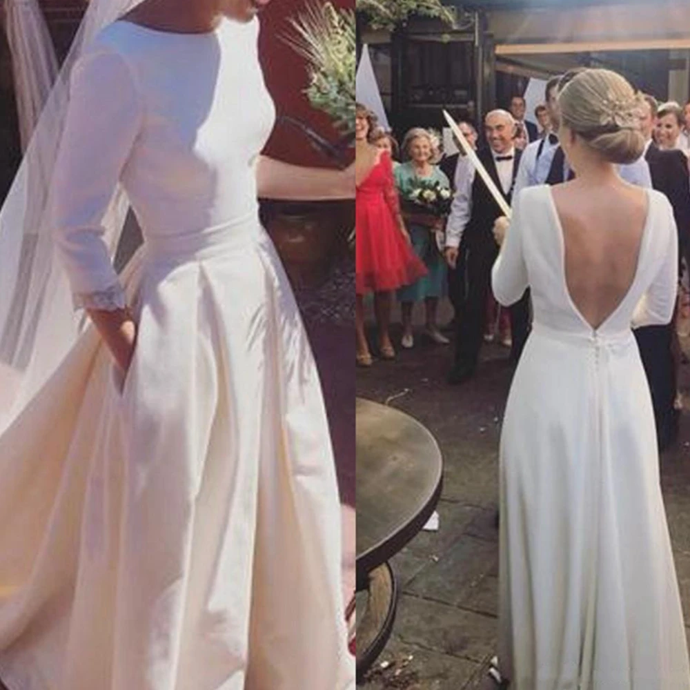 

Простые Свадебные платья романтическое ТРАПЕЦИЕВИДНОЕ ПЛАТЬЕ с длинными рукавами и открытой спиной атласное платье для особых случаев белое свадебное платье Lvory