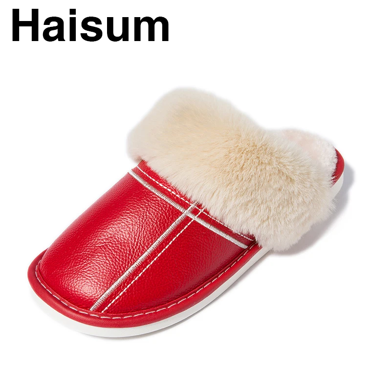 

Women Slippers Winter genuine Leather stripe Thick Home Indoor Non-slip Thermal Slippers 2018 New Hot Sale YQ-003