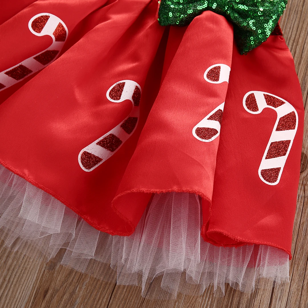 Рождественское платье в полоску с бантом и карамельным тростником для маленьких девочек; праздничные платья; костюм