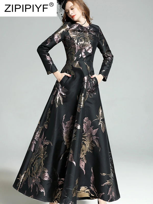 

2018 winter fashion dresses ball gown floral dresses zipper up mid waist vintage evening women dresses noble elegant dress Z059