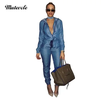 

Mutevole Long Sleeve Bodycon Denim Jumpsuit Women Hooded Jumpsuit Overalls Zipper Drawstring Casual Jeans Jumpsuit One Piece