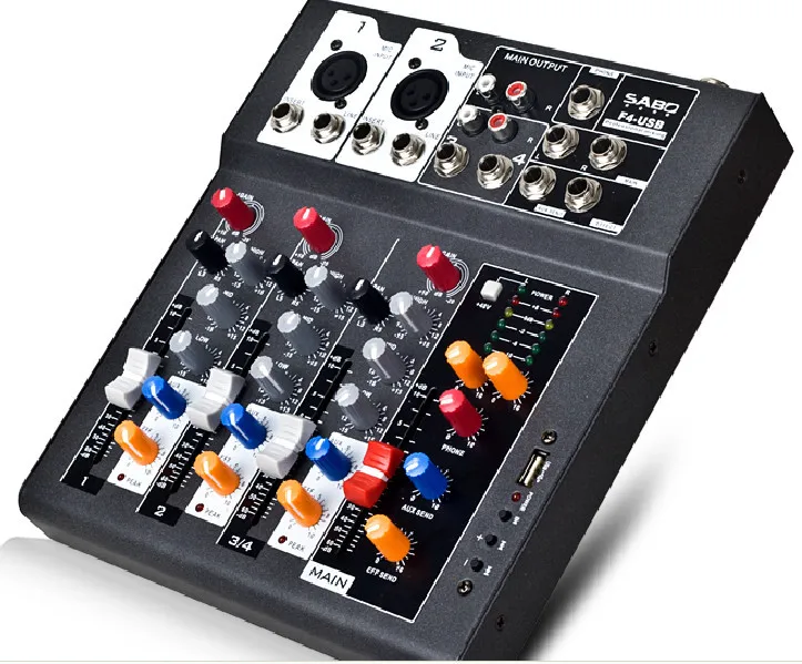 

F4-USB Mini Audio Mixer Console with USB,Built in effect processor Audio Mixer, 4 channel mixer sound console 48v power supply