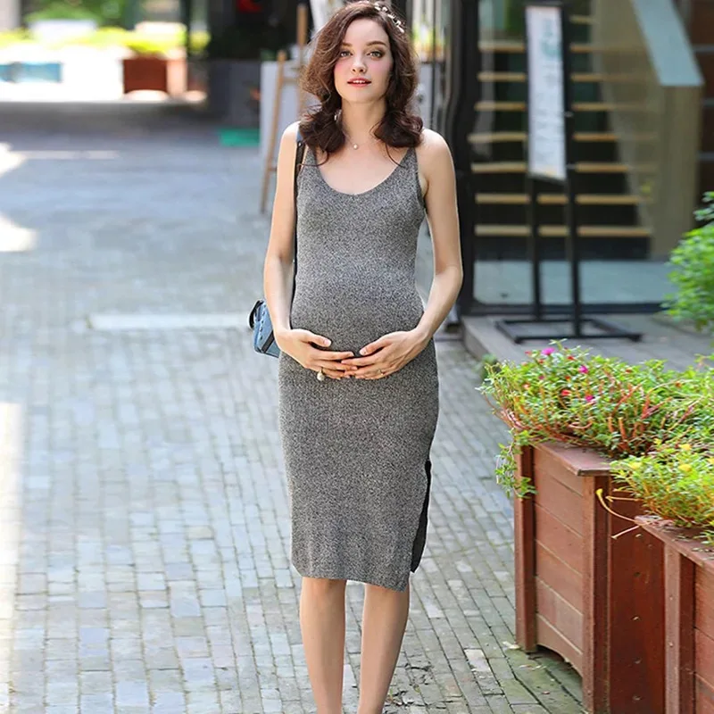 Хлопковые Платья для беременных летнее Европейское и американское свободное платье без рукавов с v-образным вырезом для беременных женщин
