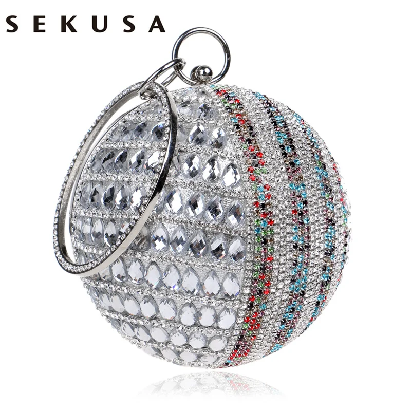 SEKUSA Women Evening bags Round With Handle Chain Shoulder Handbags Diamonds Small Clutches