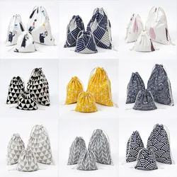 Printed Cotton Linen Drawstring Bag Tea Gift Candy Packaging Bags Fruit Geometric Travel Storage Creative Portable Cloth Bag