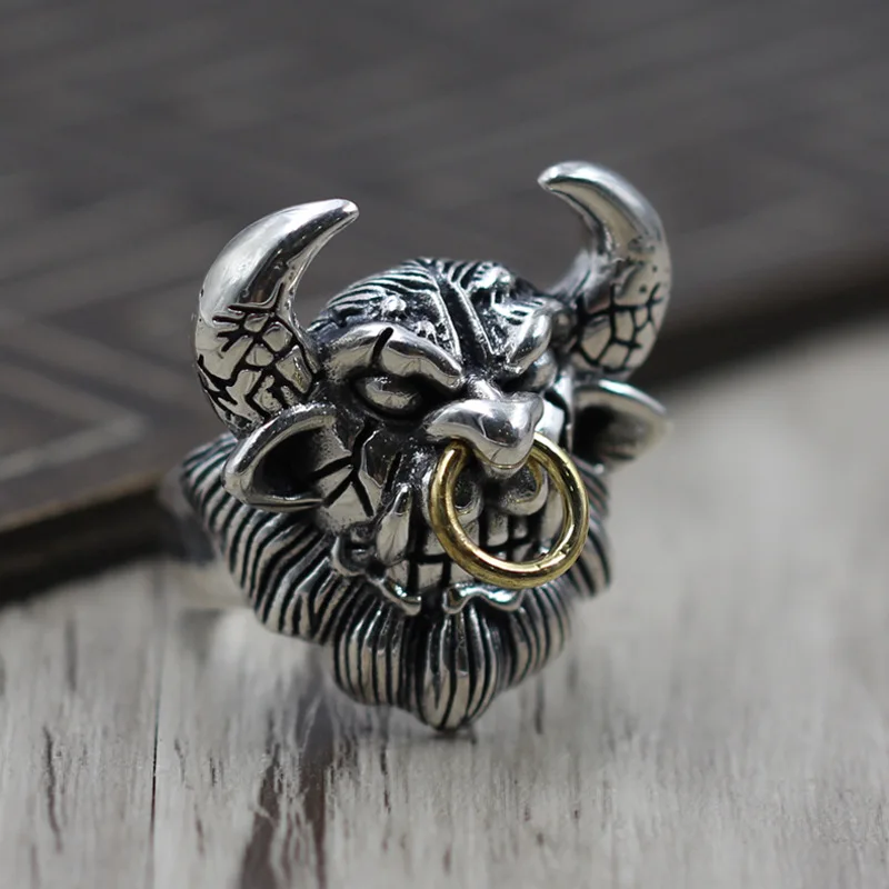 

Thai Silver Build Personality Men Ring Ring Retro Domineering Open Cattle Devil Ring S925 Sterling Silver