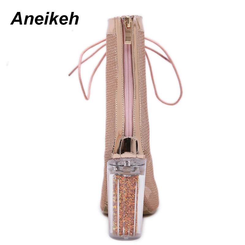 Cena Aneikeh kobiety sznurowane botki sandały z wystającym palcem Botas Mujer gladiatorki na wysokim obcasie botki modne bling przezroczyste Chunky Heel
