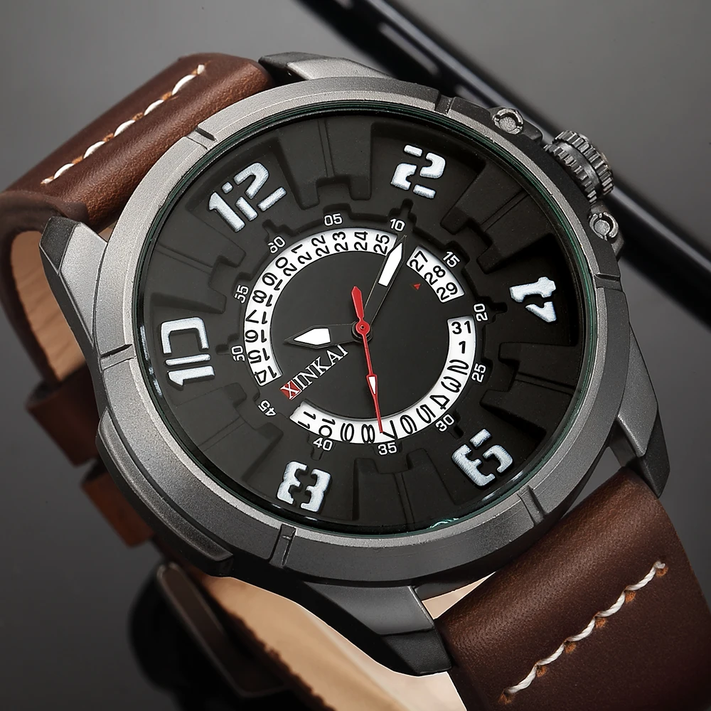 

New Fashion Casual Sport Calendar Men Black Quartz Analog Wrist Watch Waterproof Top Brand Army Leather Watches Men Clock