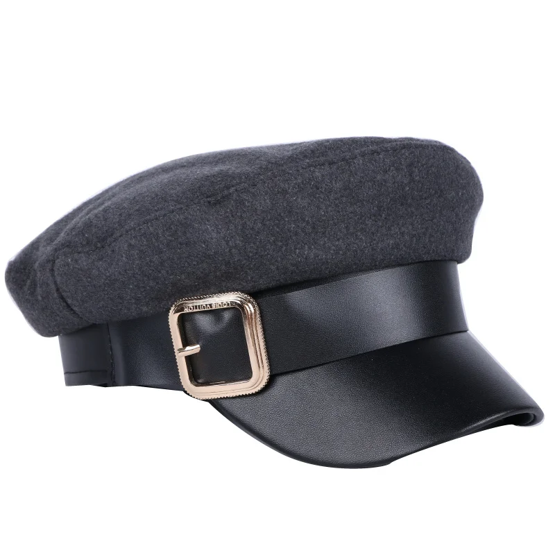 Дизайн темно-синий военный стиль шляпа для женщин Имитация шерсти теплые толстые женские Восьмиугольные шляпы кепка газетчика береты высокого качества - Цвет: dark grey