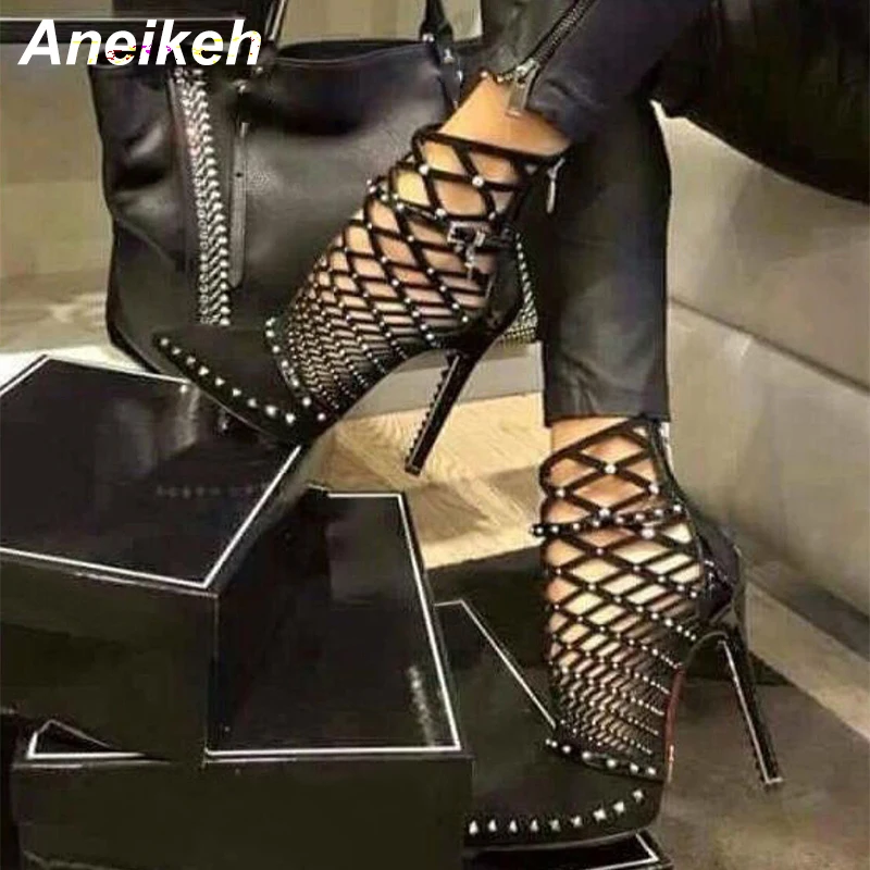 Aneikeh/ г., гладиаторские римские сандалии летние ботильоны с заклепками и вырезами пикантные женские ботинки на высоком каблуке-шпильке
