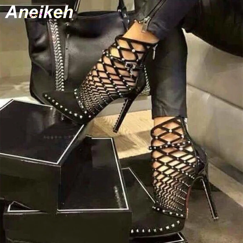 Aneikeh 2022 Gladiator Roman Sandals Summer Rivet Studded Cut Out Caged Ankle Boots Stiletto High Heel Women Sexy Shoes Pumps