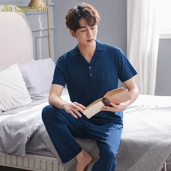 

2019 New 100% Cotton Chinese Pajamas Set Short Sleeve Long Pants Lapel Solid Navy Men Sleepwear Leisure Plus Size Pjs Men Pyjama