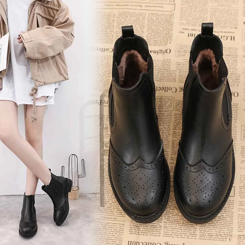 

Women England Carved Leahter Martin Boots Elastic Plus Velvet Thick Ankle Boots shoes woman boots women zapatos de mujer @P