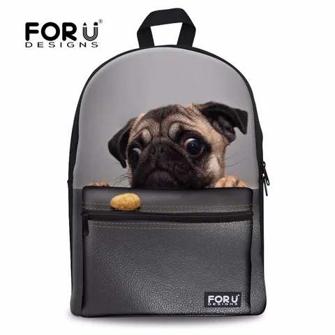 Bolsas de Escola para Adolescentes Mochilas de Lona Forudesigns Animal Meninas Mochilas Grande Mochila Feminina Bolsas 3d Cão Pug