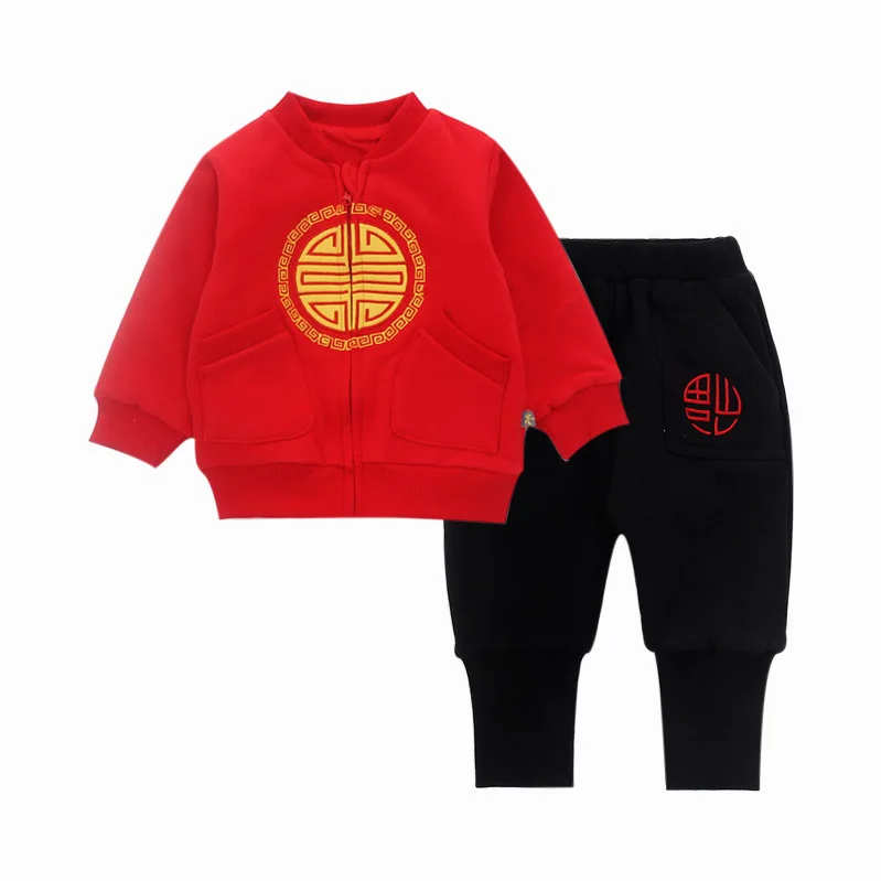 

2019 New year Baby suit Chinese style children's warm and velvet 2 sets Baby full moon suit hundred days red celebration