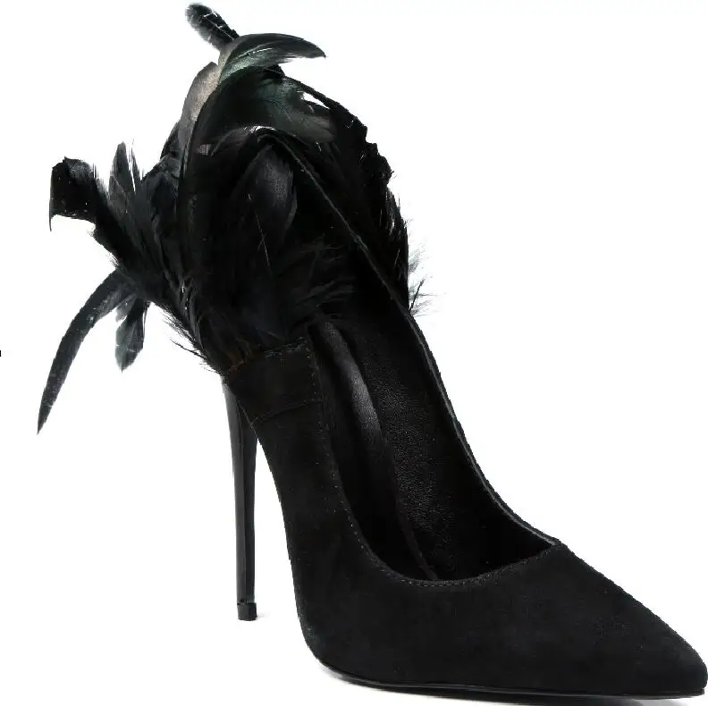 

Hot Fashion Sexy Black Flock Slip-On Shoes Pointed Toe Thin Heels Women 's Shoes Shallow Peacock feather 10cm Ladies Pumps