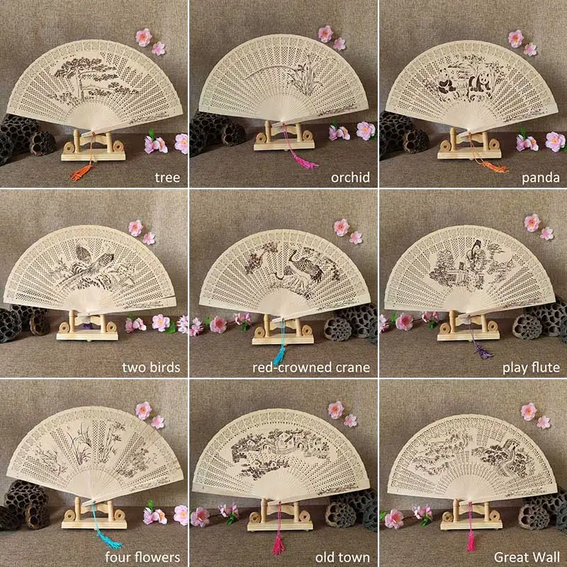 1Pcs Chinese wood carving printing Vintage antique craft fan Incense wood lady folding fan