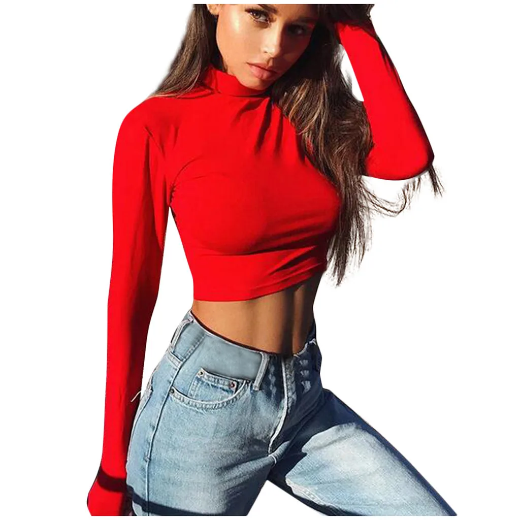 

2019 Summer Red T-Shirt Women Long Sleeve Ruched O-Neck Crop T Shirt Female Slim Fit Tee Tops Streetwear Shirts #D