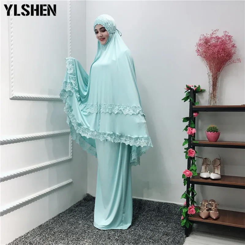 Light green set Рамадан абайя Дубай мусульманское платье Турция ислам комплект-хиджаб Кафтан Абая для женщин джилбаб кафтан молитва одежда Elbise Robe Femme - Цвет: Light green set