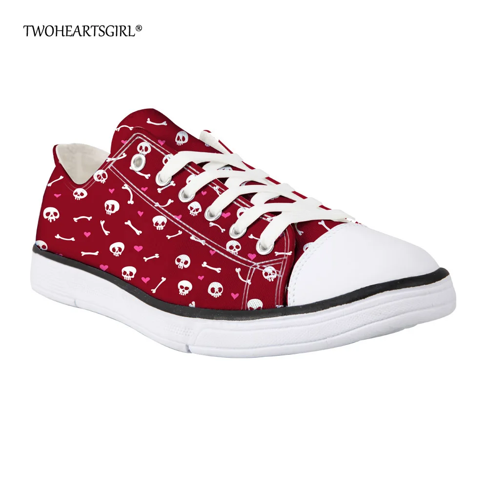 Twoheartsgirl Red Wine Women Girls Skull Canvas Shoes Low Top Casual Women's Vulcanized Shoes Classic Ladies Flat Canvas Shoes