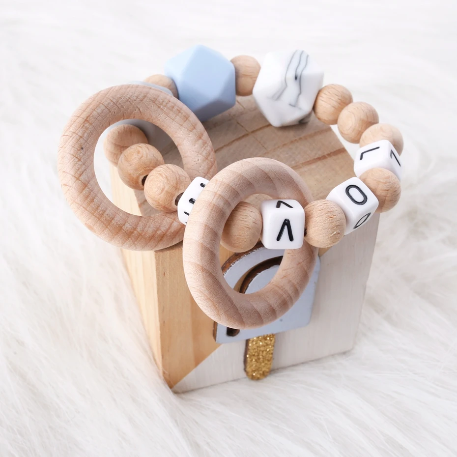 

Let's make 1pc Food Grade Teether Bracelet Customize Name Silicone Beads Natural Wooden Baby Trolley Rattle Toy Baby Teether