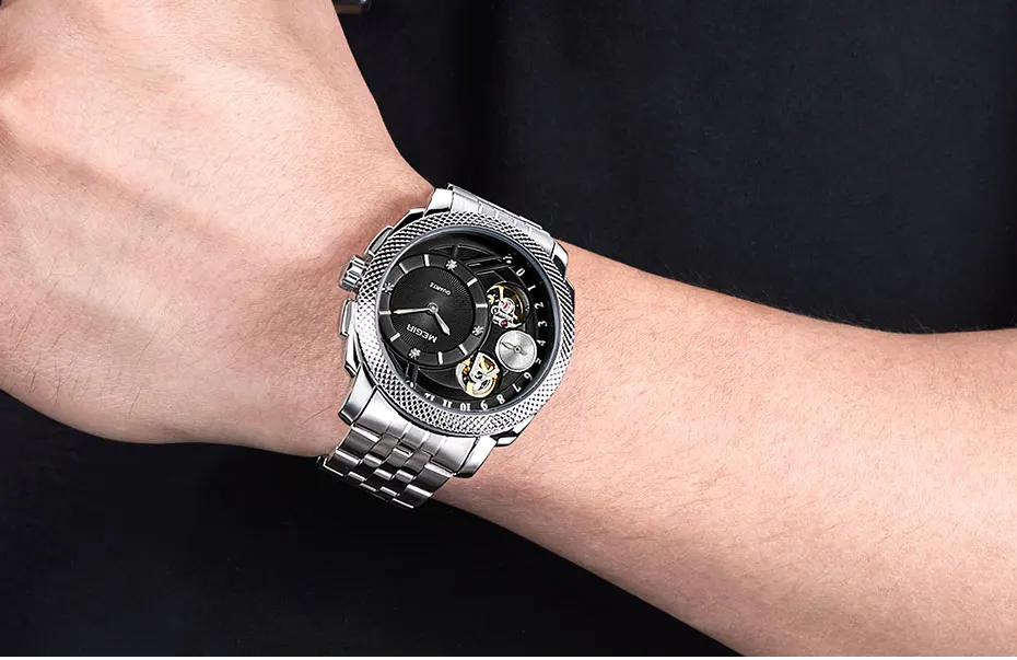 Megir декоративные Механические Мужские t кварцевые наручные часы водонепроницаемые часы из нержавеющей стали для мужчин 2091G-BK-1