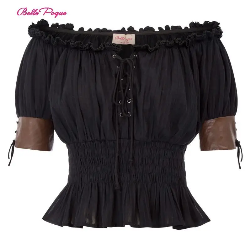 

Belle Poque Summer Sexy Black Women Vintage Retro Steampunk Tee Shirt Victorian Half Sleeve Off Shoulder Gothic Punk Top T-shirt