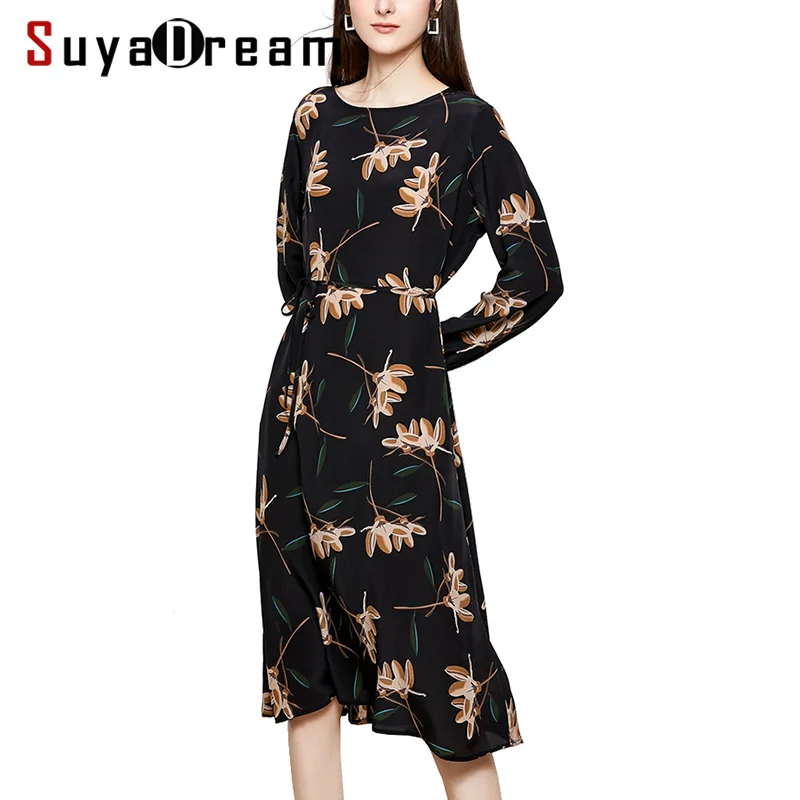 

Women Silk Dress 100%SILK CREPE Printed Dress Long Sleeved Calf length Casual Black Dresses for Women 2019 Spring