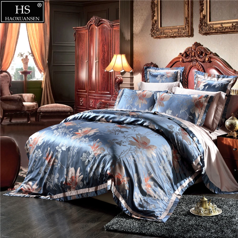 HS الفاخرة 28 Momme التوت الحرير 4 قطع مجموعات الفراش الجاكار الحرير الملك حجم طاقم غرفة نوم حاف الغطاء شقة ورقة كيس وسادة