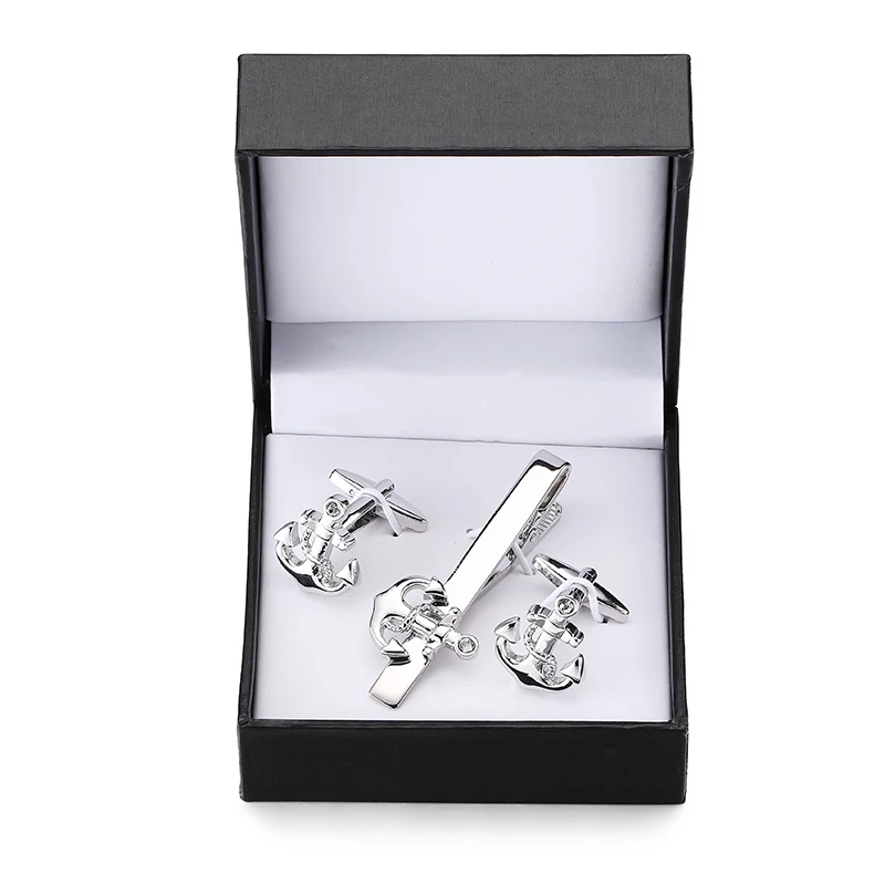 WN A set of high-end brand silvery anchor tie clip Cufflinks fashion men French Cufflinks tie clip box set free shipping
