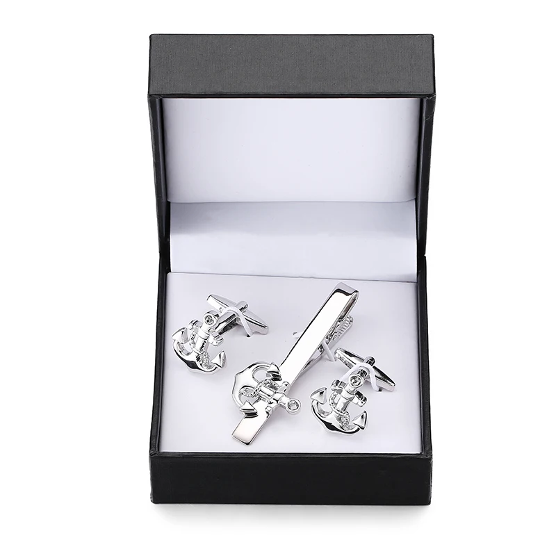 WN A set of high end brand silver anchor tie clip Cufflinks fashion men