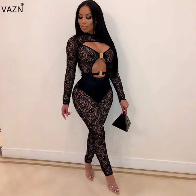 

VAZN 2019 Fashion Design solid hollow out jumpsuit sexy women full sleeves club style jumpsuit sexy women long Rompers XYZ3203