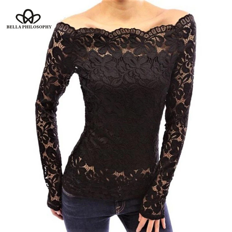 Wonder 2018 new  Black White Blue Red  sexy Off Shoulder Long Sleeve Lace Shirt Top Plus Size Women Blouses Lace tops