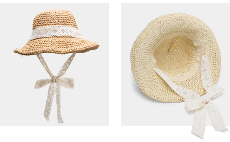 Fashion Women Lace Ribbon Bow Foldable Straw Hat Ladies Wide Brim Floppy Cap Summer Girls Travel Beach Boater Hats CP0262  (11)