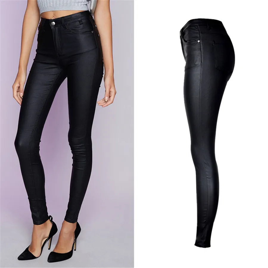 Женские Модные сплошной черный высокой талии эластичные брюки карандаш сексуальные обтягивающие полиуретановым покрытием подражать