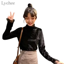 Lychee модная плиссированная Лоскутная велюровая женская футболка с длинным рукавом бархатная однотонная Осенняя тонкая футболка женская футболка Топ