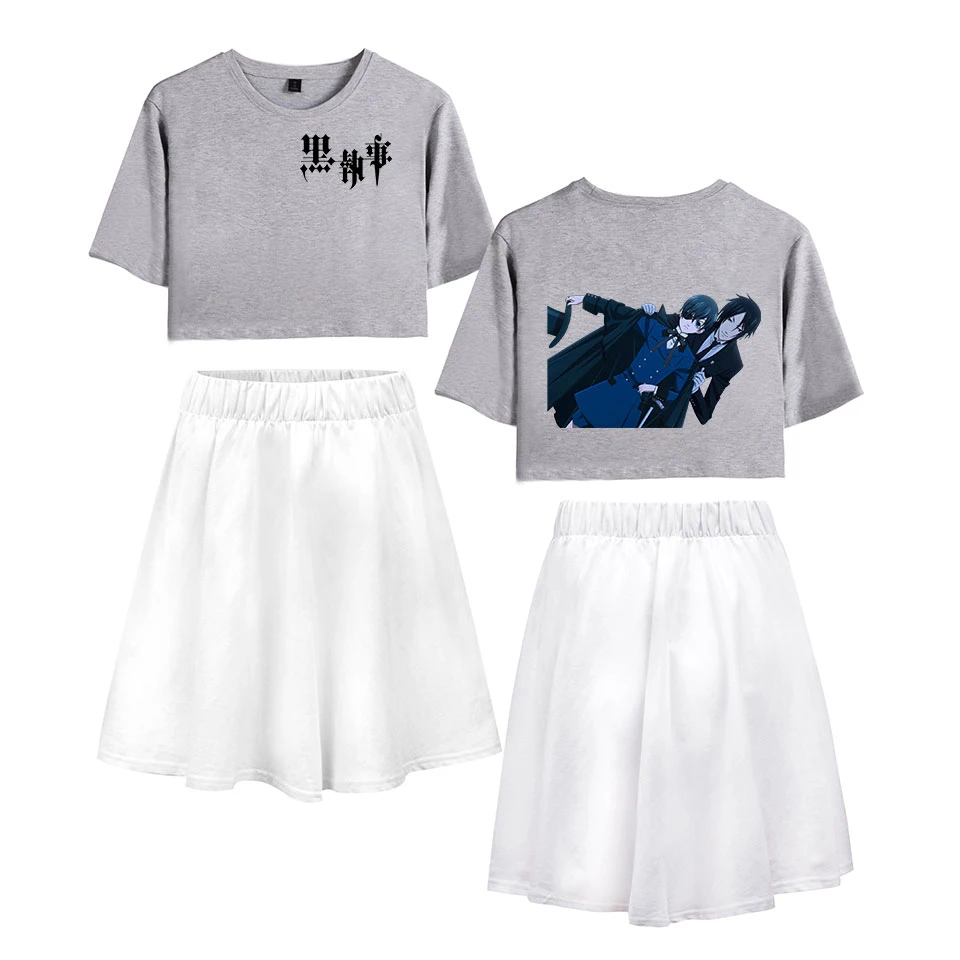 Черный Дворецкий женский летний комплект из двух предметов со штанами футболка с пупком 3D Аниме печатная юбка спортивный костюм комплект подходящих комплектов