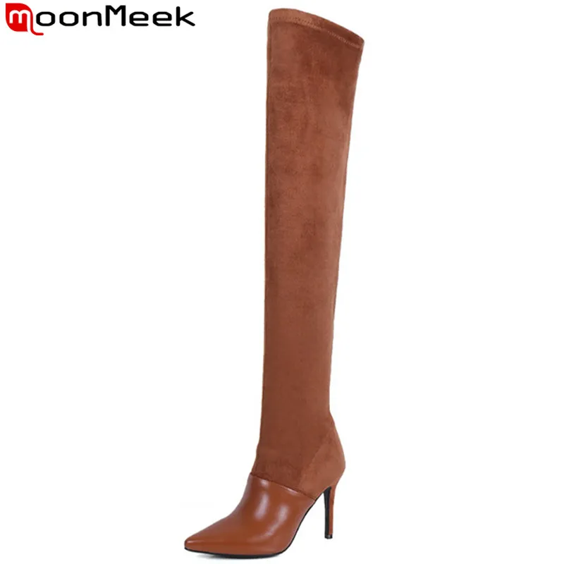 

MoonMeek black fashion autumn winter boots women pointed toe zip over the knee boots super high heels genuine leather boots